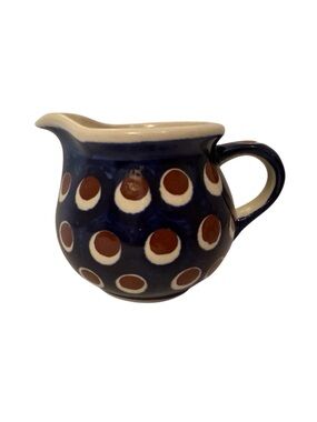 POLISH POTTERY CREAMER MINI PITCHER BLUE WHITE BROWN HANDMADE HOME BOLESLAWIEC